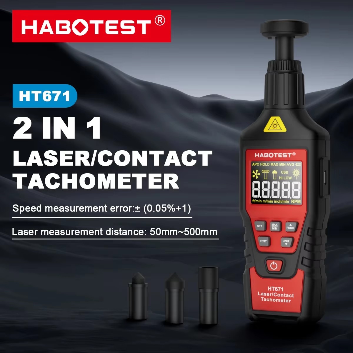Industrial Laser Tachometer - HABOTEST HT671 2-in-1 Digitaler Drehzahlmesser Kontakt-